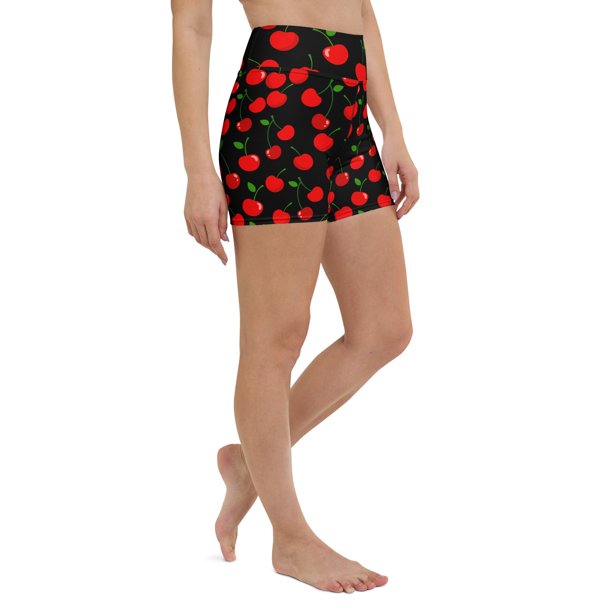 Women’s cherry yoga shorts high waisted black buttery soft active pants with vibrant red cherry pattern and green stems
