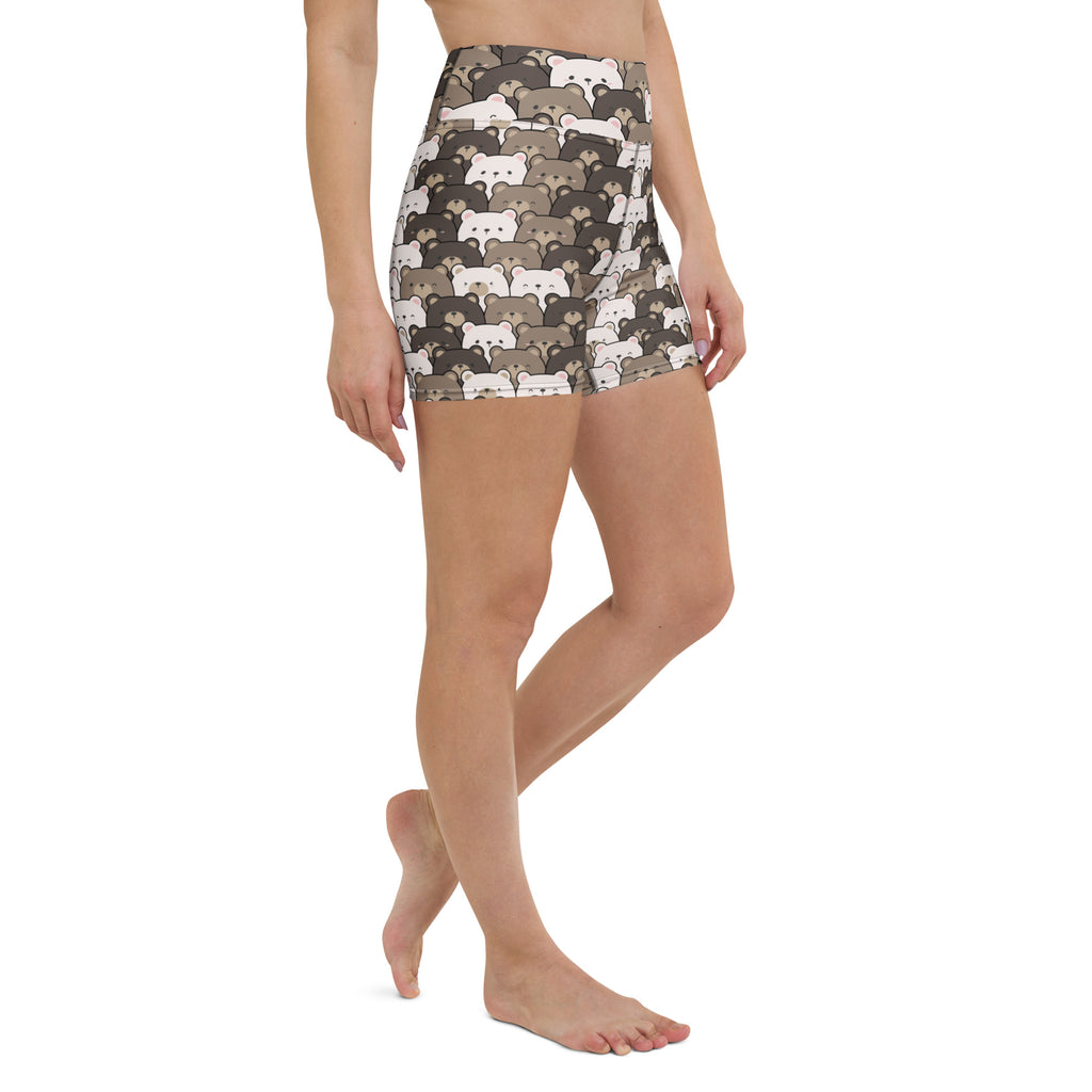 Women’s high-waisted buttery soft yoga shorts with playful white and gray cartoon bears on dark gray background