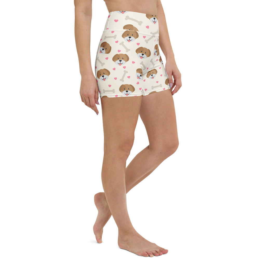 Women’s high waisted buttery soft cream shorts with brown dog faces pink hearts and white bones for yoga and activewear
