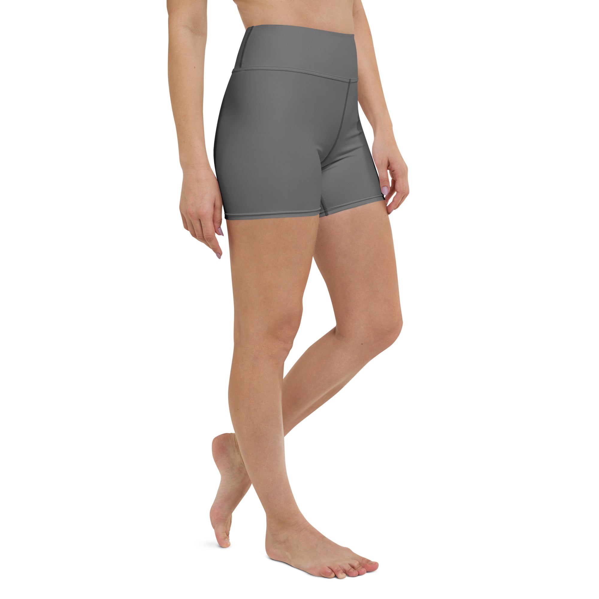 Women’s buttery soft gray high waisted yoga shorts made from smooth stretchy fabric for activewear use
