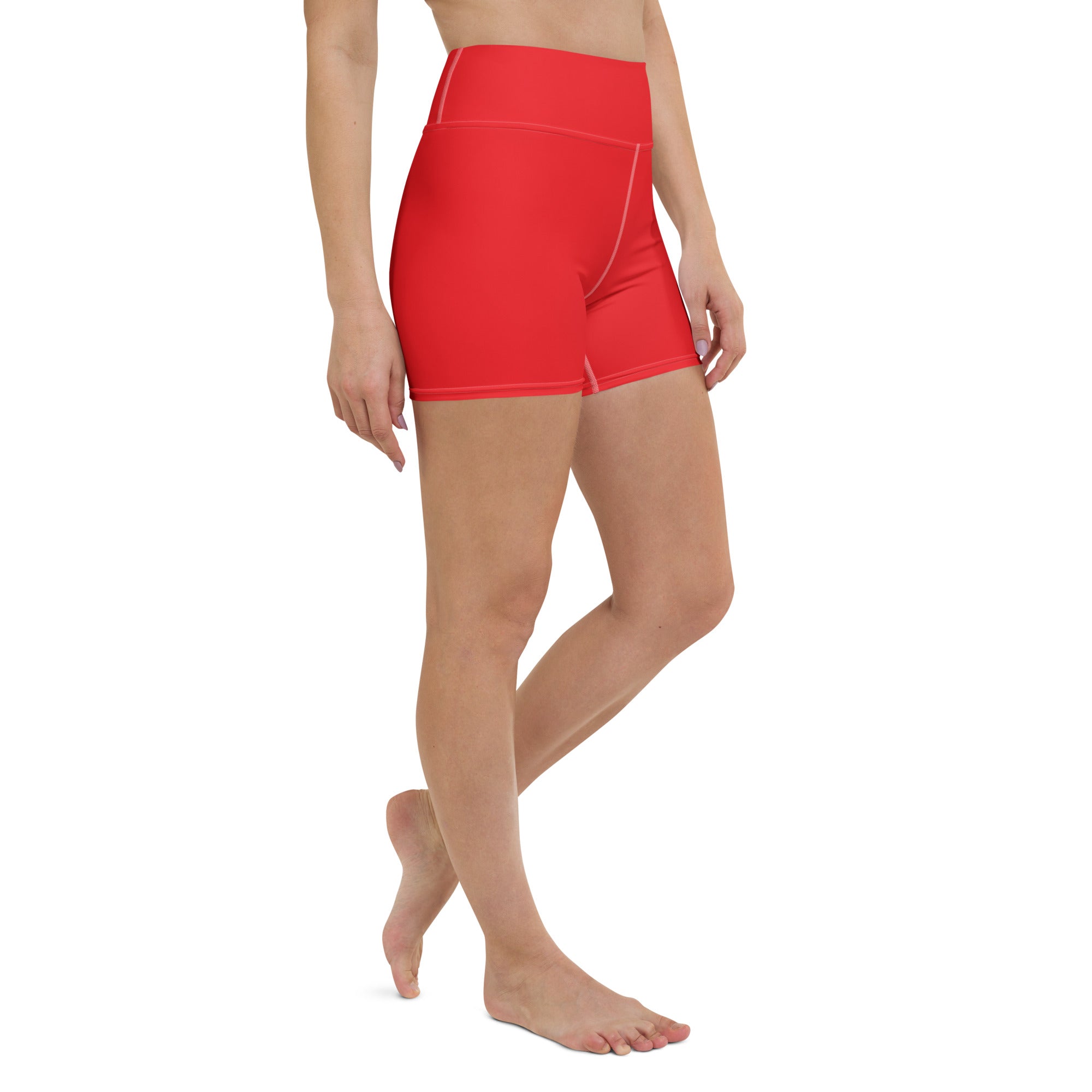 Women’s buttery soft red high waisted yoga shorts with a snug fit and subtle seam detailing