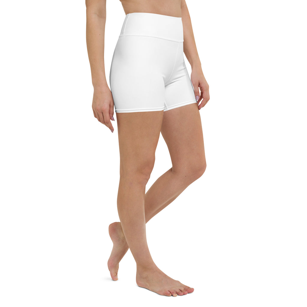 Women’s white high waisted buttery soft yoga shorts made of smooth stretchy fabric for active wear
