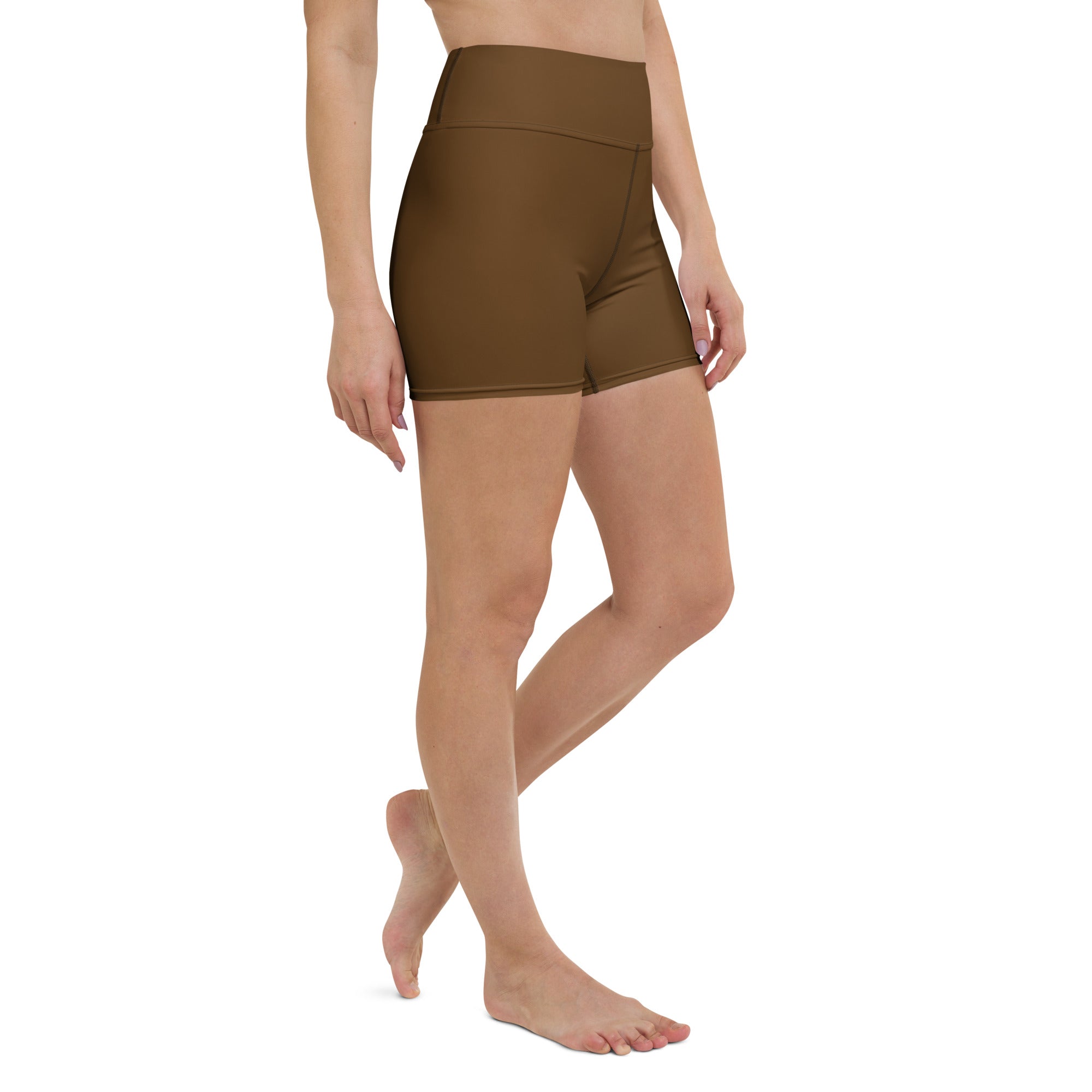 Women’s buttery soft brown high waisted yoga shorts made from soft activewear fabric for comfortable workouts
