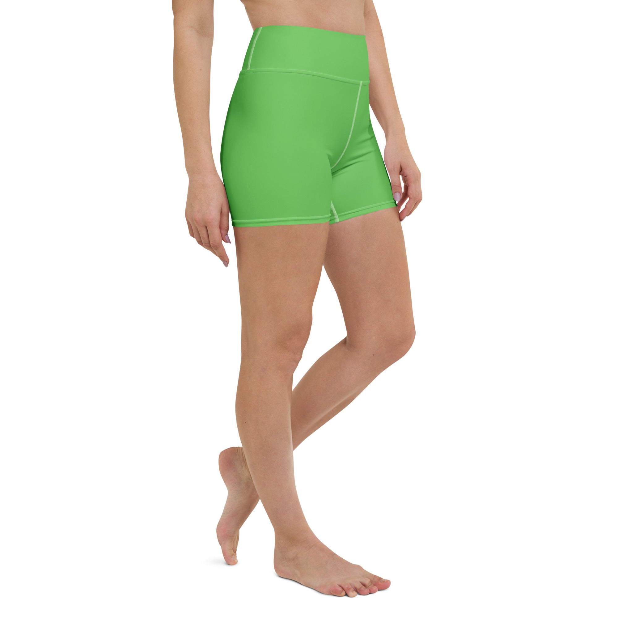 Bright green high waisted buttery soft yoga shorts for women made from soft active material