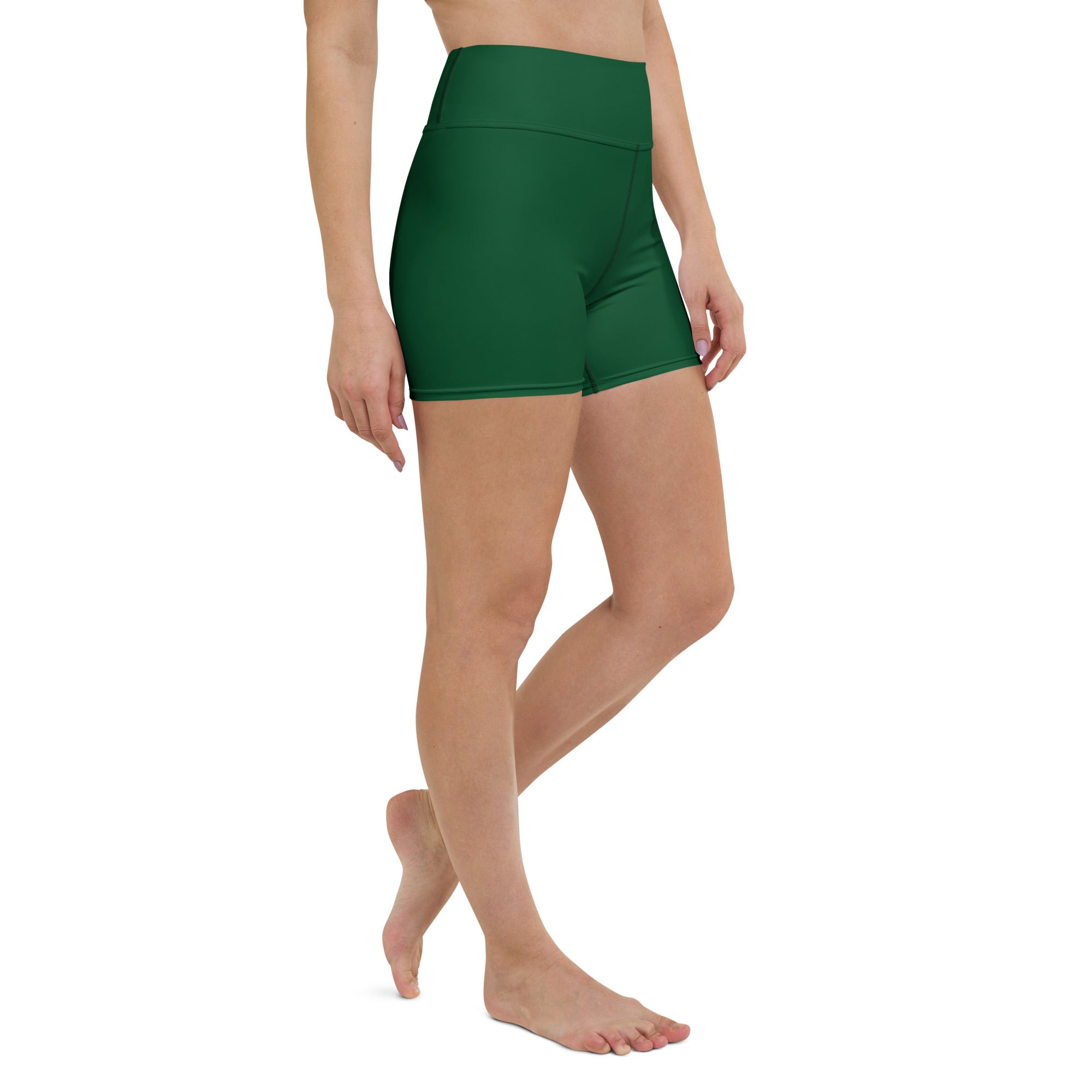 Women’s buttery soft dark green high waisted yoga shorts made of smooth stretchy fabric for active wear