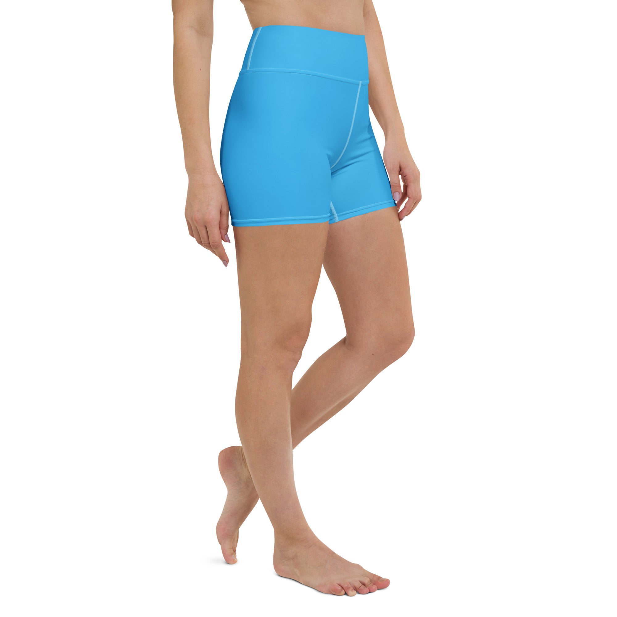 Women’s buttery soft sky blue high waisted yoga shorts made of smooth stretchy fabric for active wear