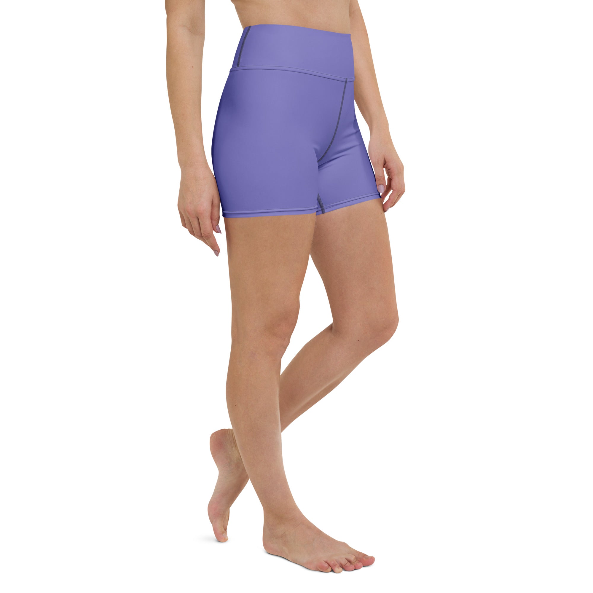 Women’s buttery soft purple high waisted yoga shorts made of smooth stretchy fabric for active wear