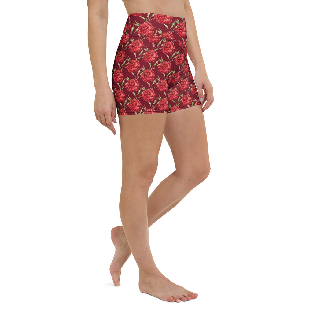 Women’s high waisted buttery soft burgundy rose floral athletic shorts perfect for yoga and activewear