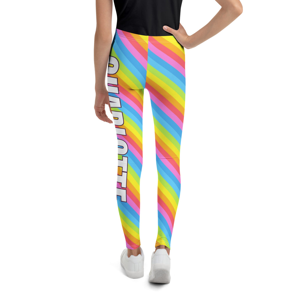 Girls custom name rainbow stripes buttery soft leggings with vibrant pink yellow blue green diagonal stripes and quarter print