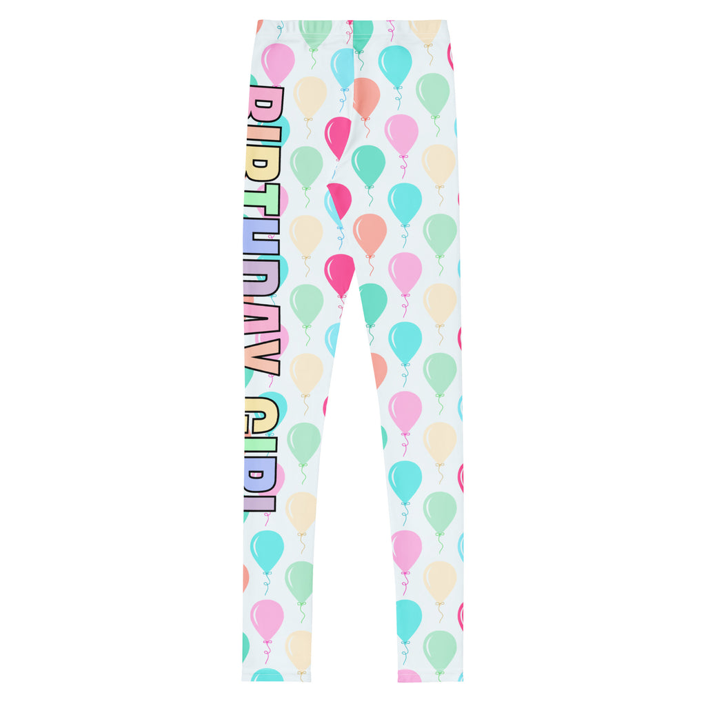 Girls birthday girl balloons buttery soft leggings with pastel balloon pattern and rainbow gradient text on the side