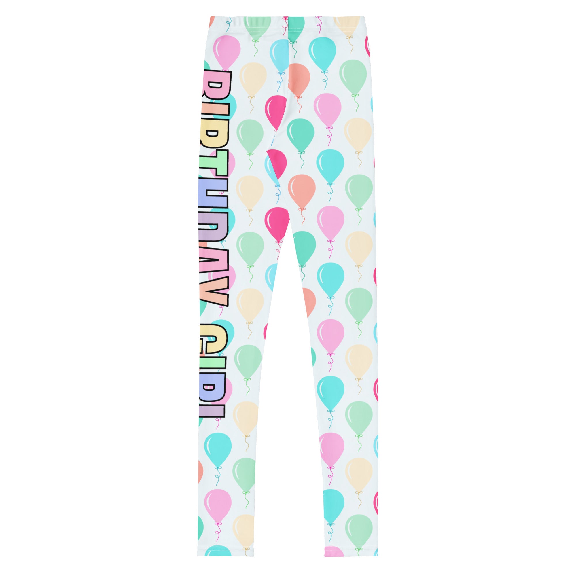 Girls birthday girl balloons buttery soft leggings with pastel balloon pattern and rainbow gradient text on the side