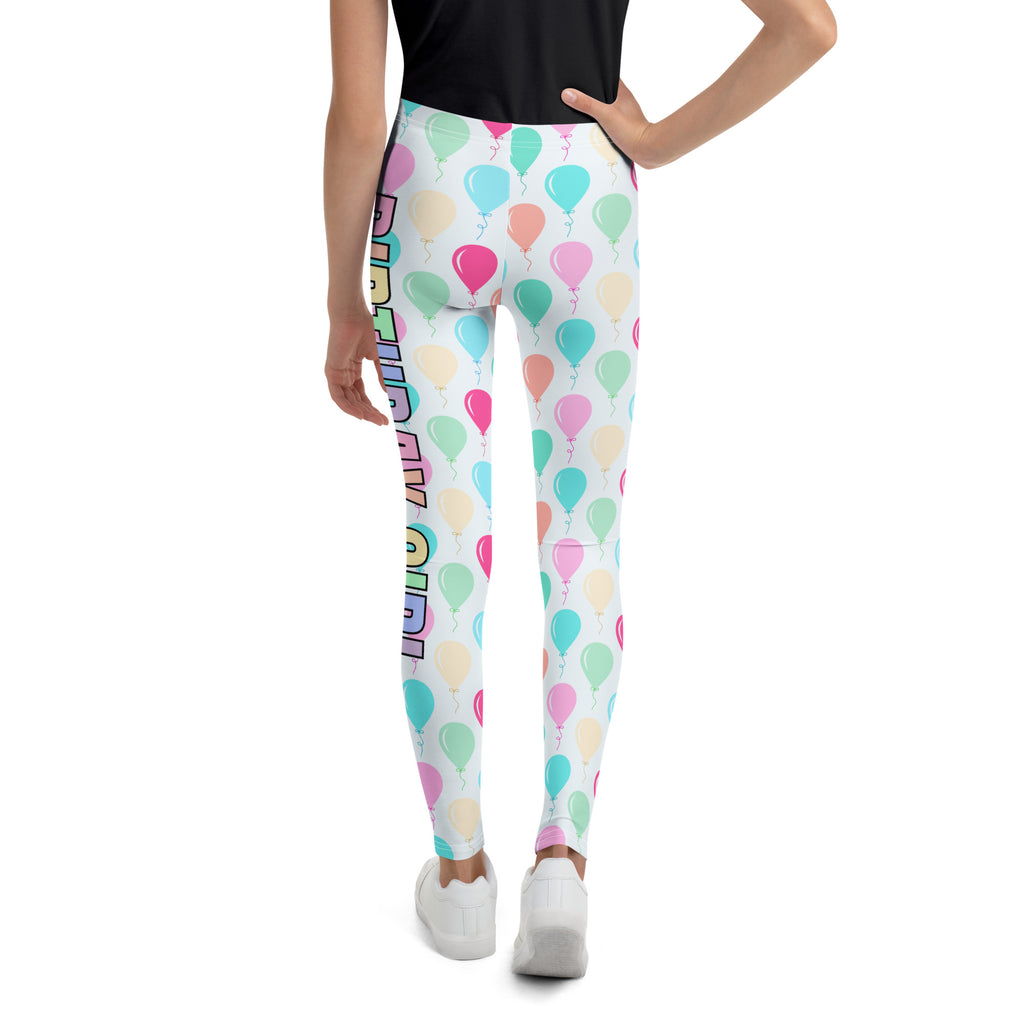 White girls birthday girl balloons buttery soft leggings with pastel balloon pattern and rainbow birthday lettering side