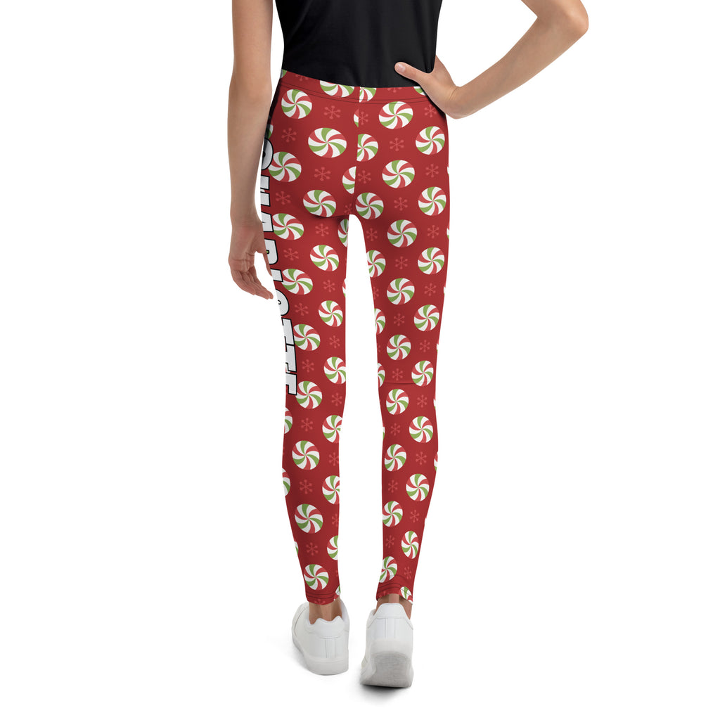 Girls custom name christmas peppermint themed buttery soft red leggings with green and white candy pattern