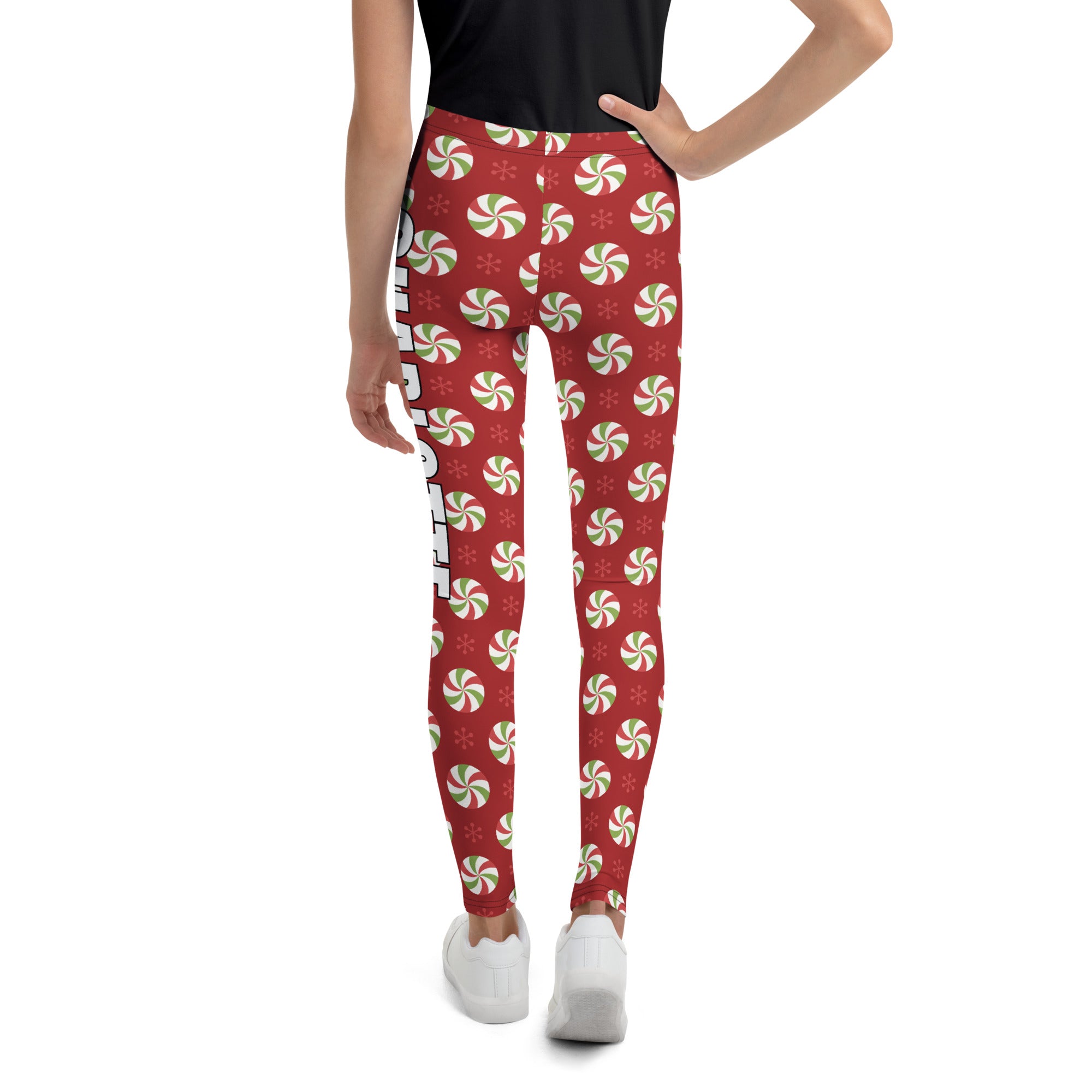 Girls custom name christmas peppermint themed buttery soft red leggings with green and white candy pattern