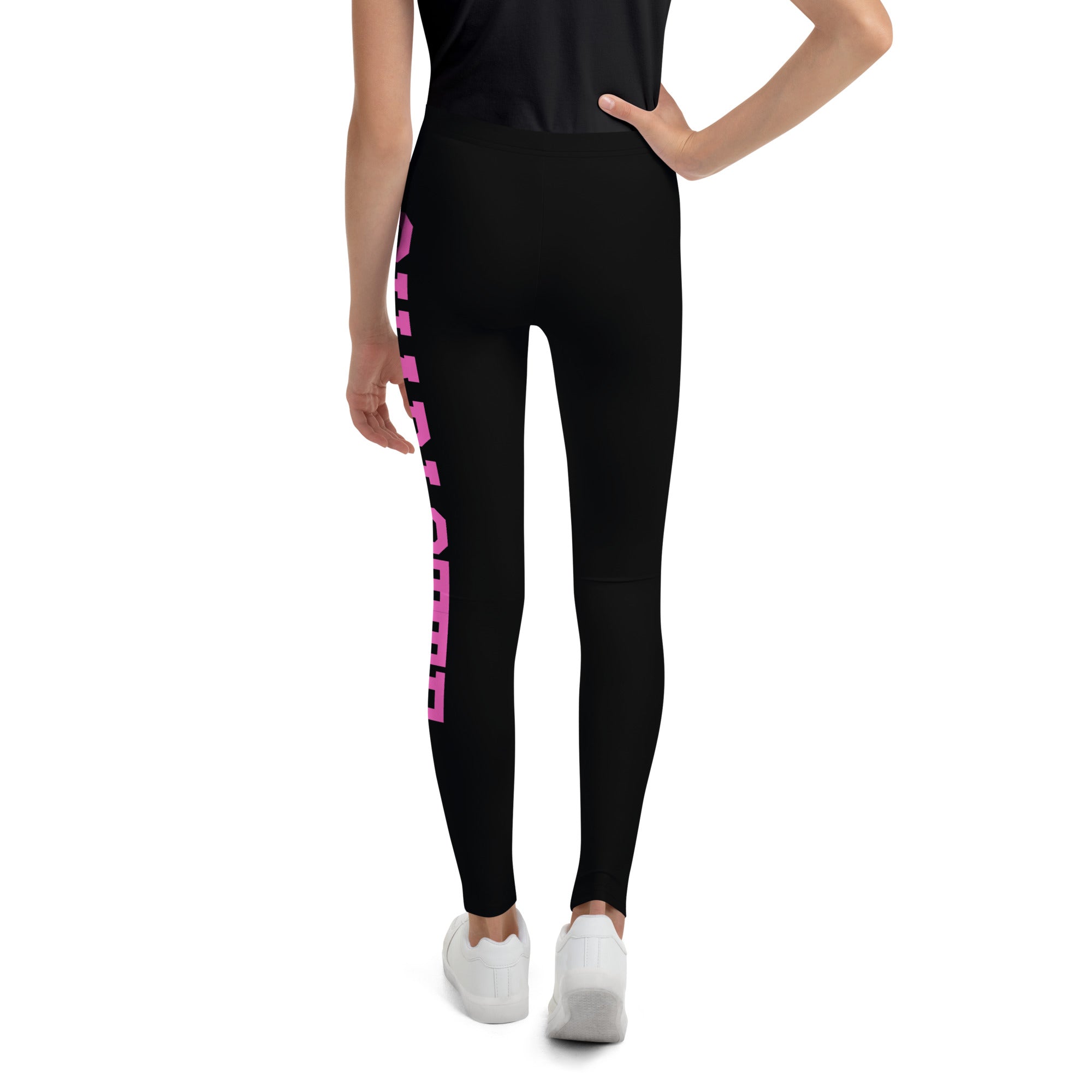 Girls sports custom name varsity font buttery soft black leggings with vertical pink text down the outer leg