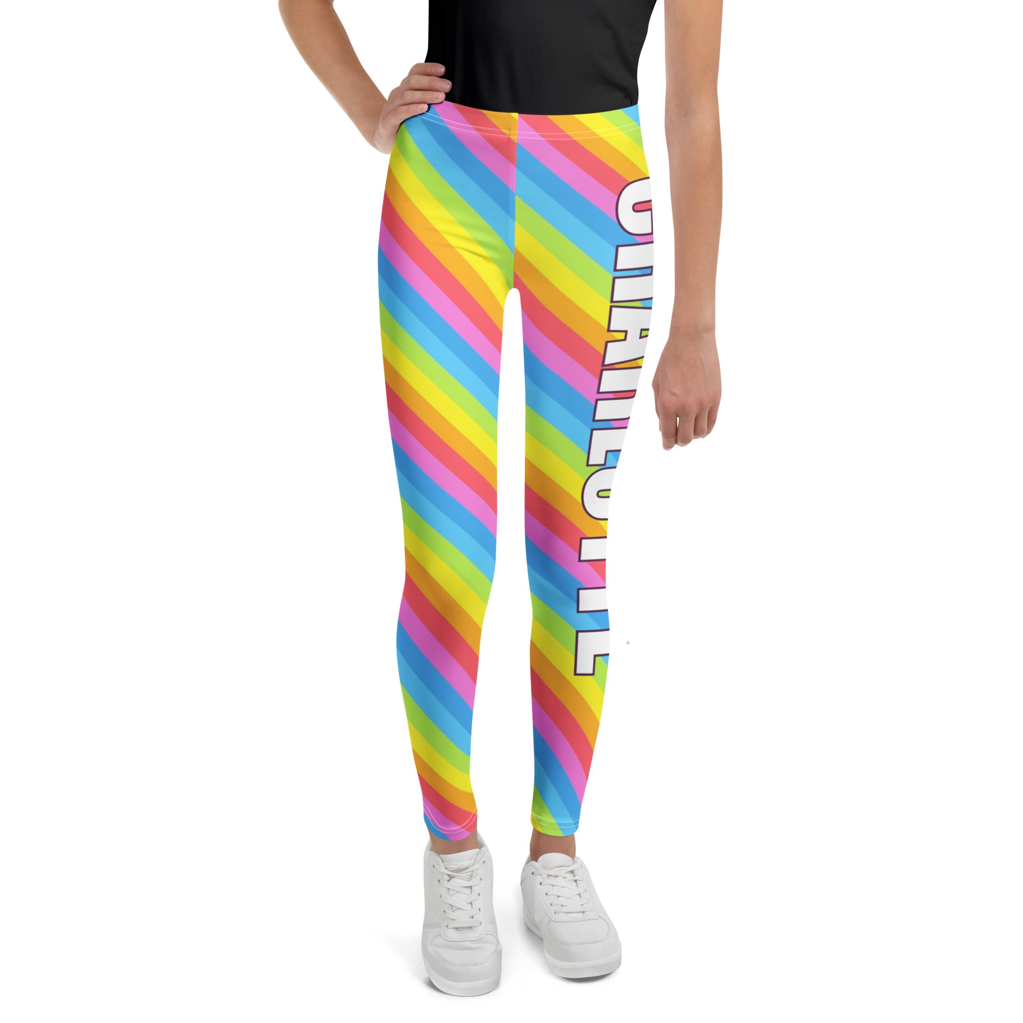 Girls custom name rainbow stripes buttery soft leggings with bold yellow pink blue green diagonal stripes and name print