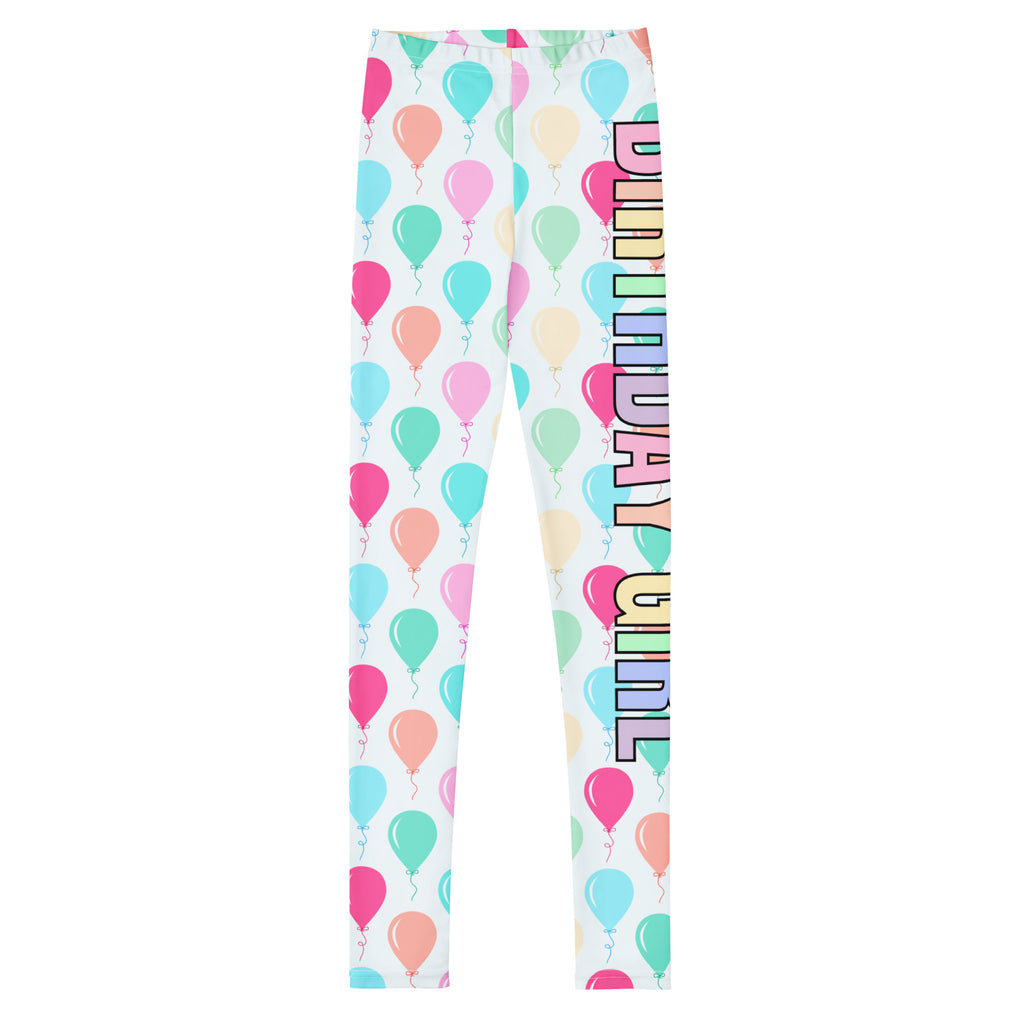 Girls birthday girl balloons buttery soft white leggings with pastel balloon pattern and rainbow gradient lettering on leg