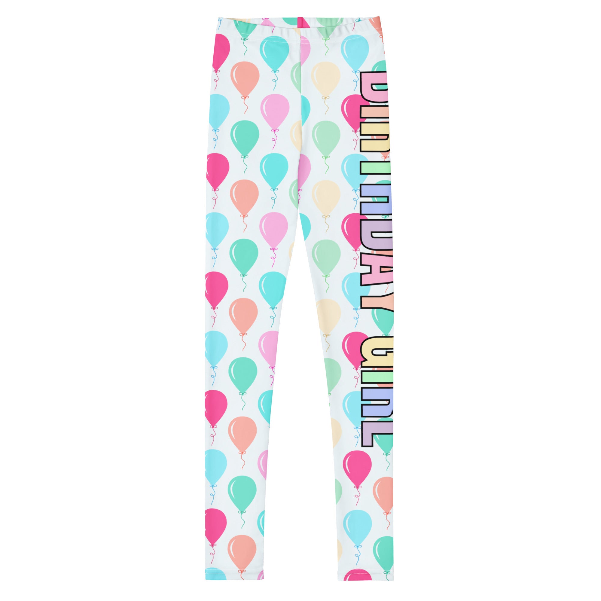 Girls birthday girl balloons buttery soft white leggings with pastel balloon pattern and rainbow gradient lettering on leg