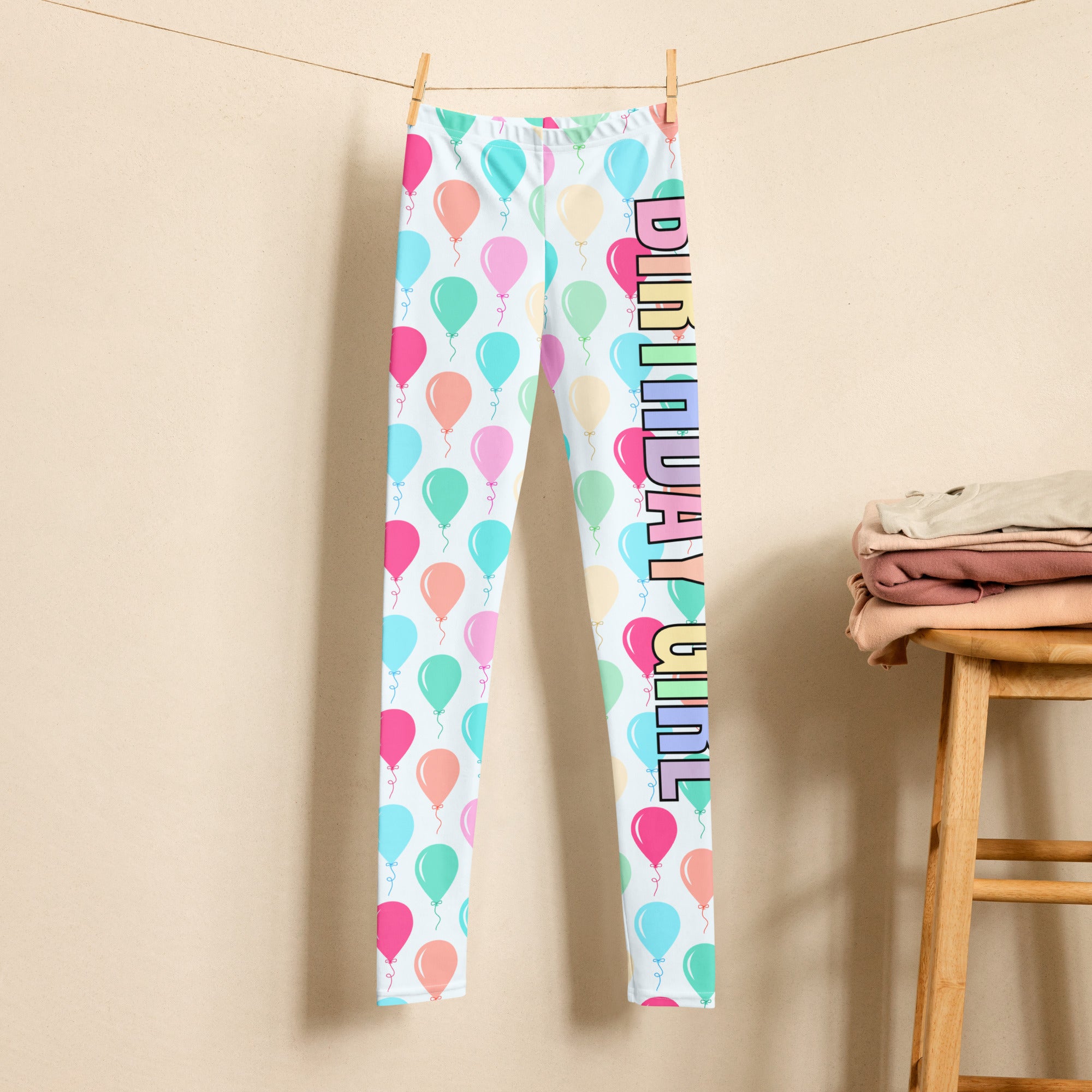 Girls birthday girl balloons buttery soft white leggings with pastel balloon pattern and rainbow lettering