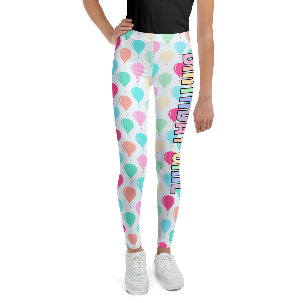 Girls birthday girl balloons buttery soft leggings featuring pastel balloon pattern and vertical rainbow text design