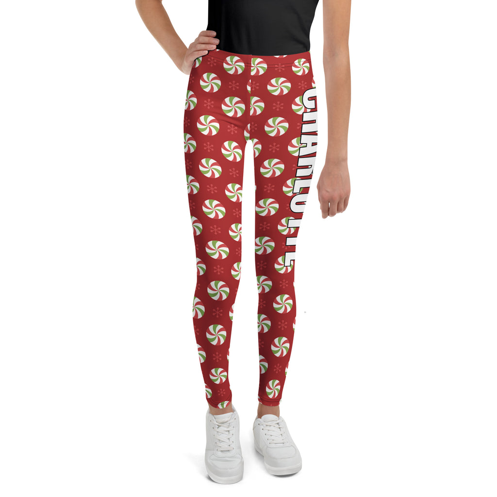 Girls custom name christmas peppermint themed buttery soft red leggings with festive candies snowflakes and charlotte name