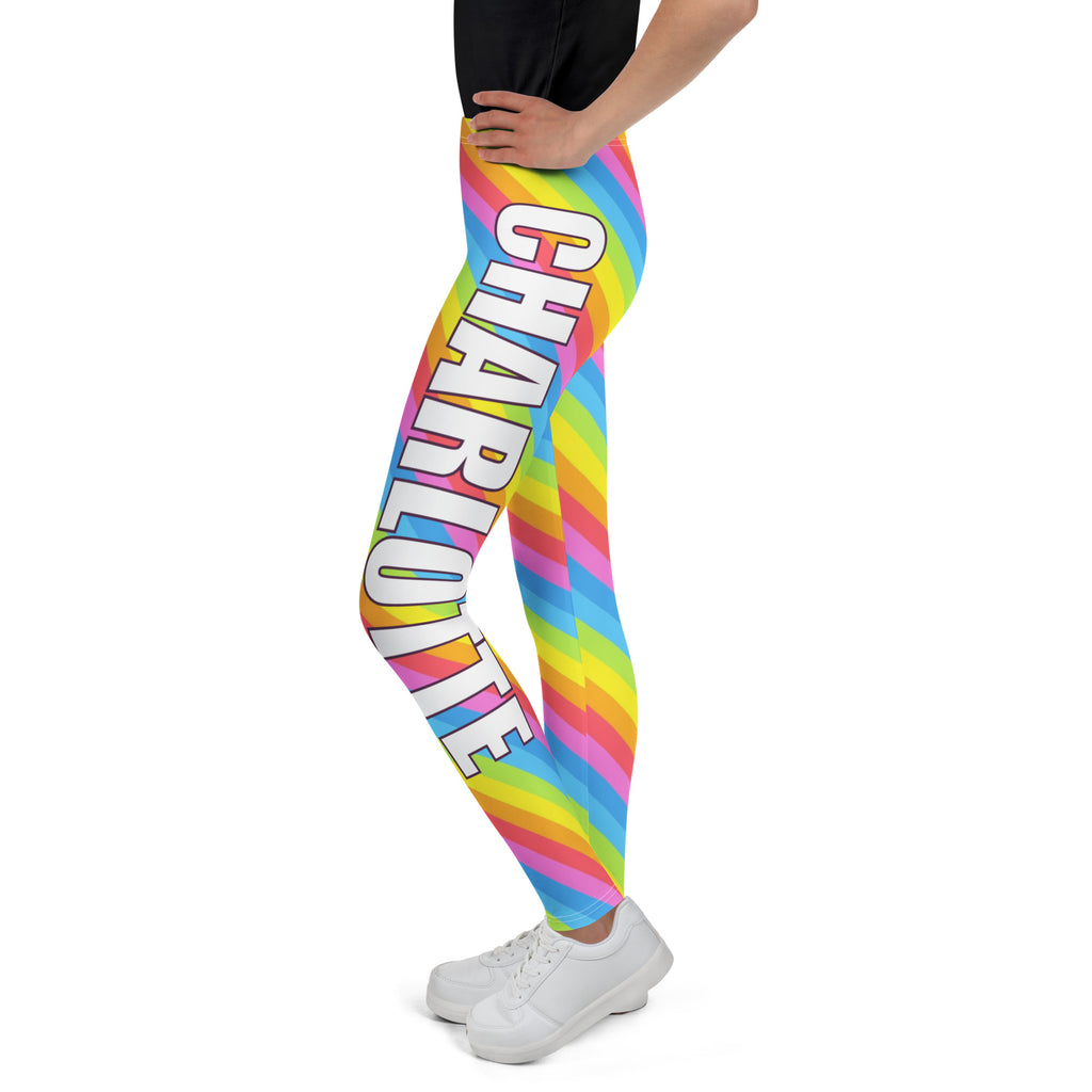 Girls custom name rainbow stripes buttery soft leggings in rainbow colors with name charlotte printed vertically in white