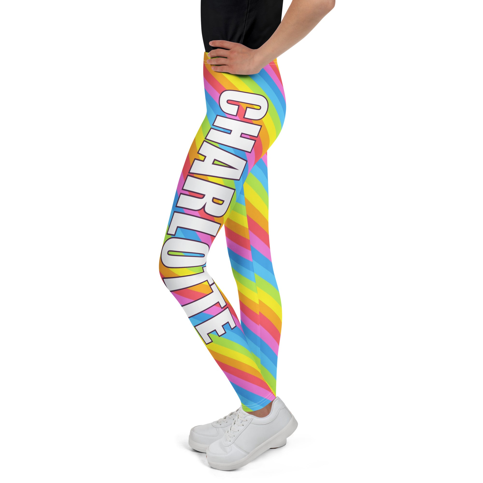 Girls custom name rainbow stripes buttery soft leggings in rainbow colors with name charlotte printed vertically in white
