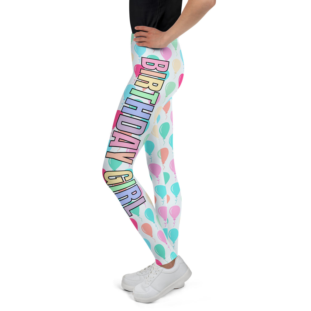 Girls birthday girl balloons buttery soft pastel-colored leggings with rainbow text and balloon graphics