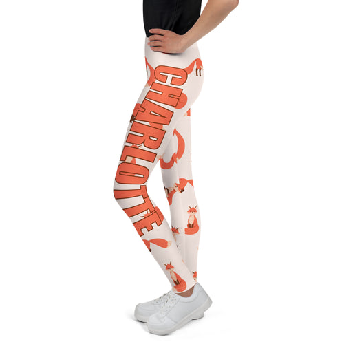 White girls leggings featuring a playful orange fox and custom name charlotte design in buttery soft fabric