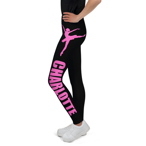 Black buttery soft girls leggings with vibrant pink ballerina silhouette and custom name charlotte lettering