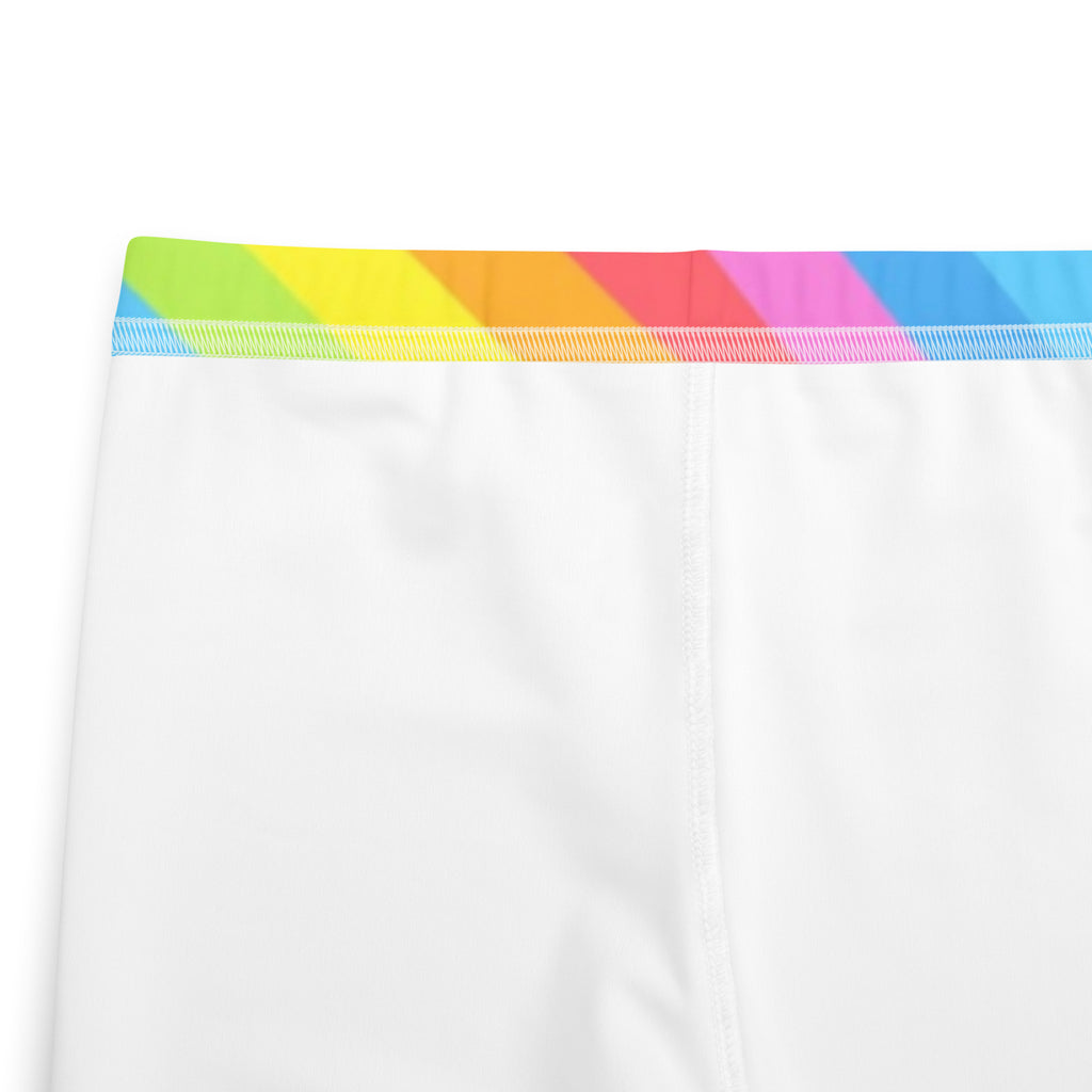 White plastic bag with a colorful rainbow-striped elastic band at the top for girls custom name buttery soft leggings