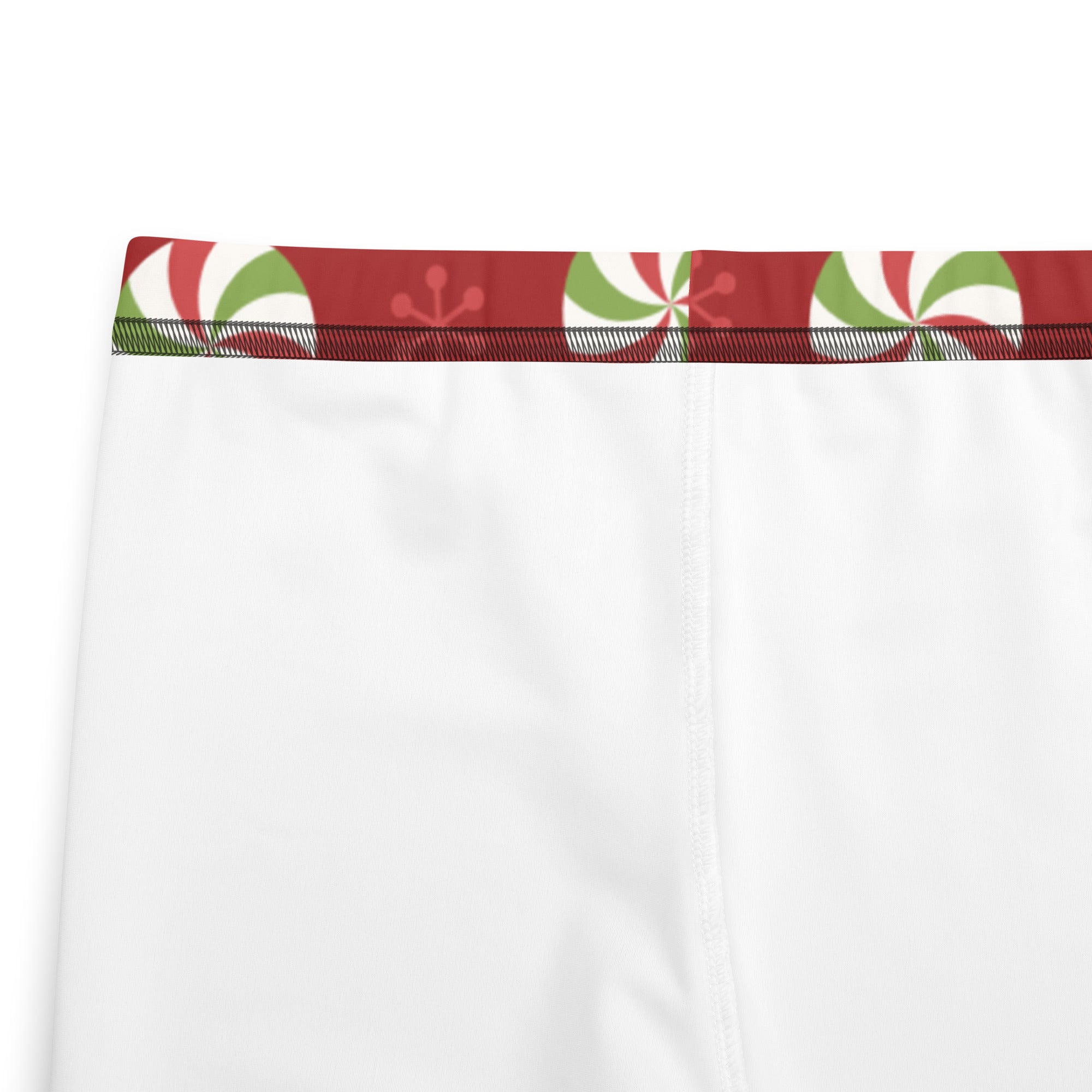 White plastic bag with red green and white peppermint candy pattern top edge for girls custom name christmas leggings