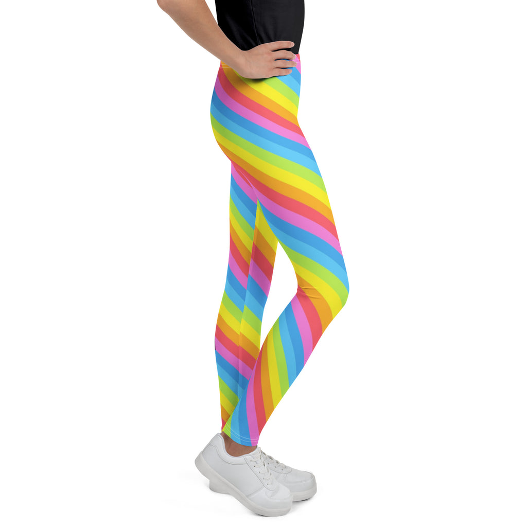 Girls custom name buttery soft leggings with vibrant rainbow diagonal stripes in pink yellow blue and green