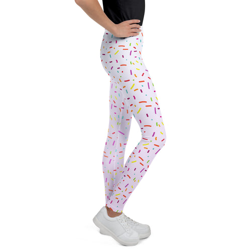 White buttery soft leggings with colorful sprinkle pattern perfect for custom age cookie birthday girl celebration
