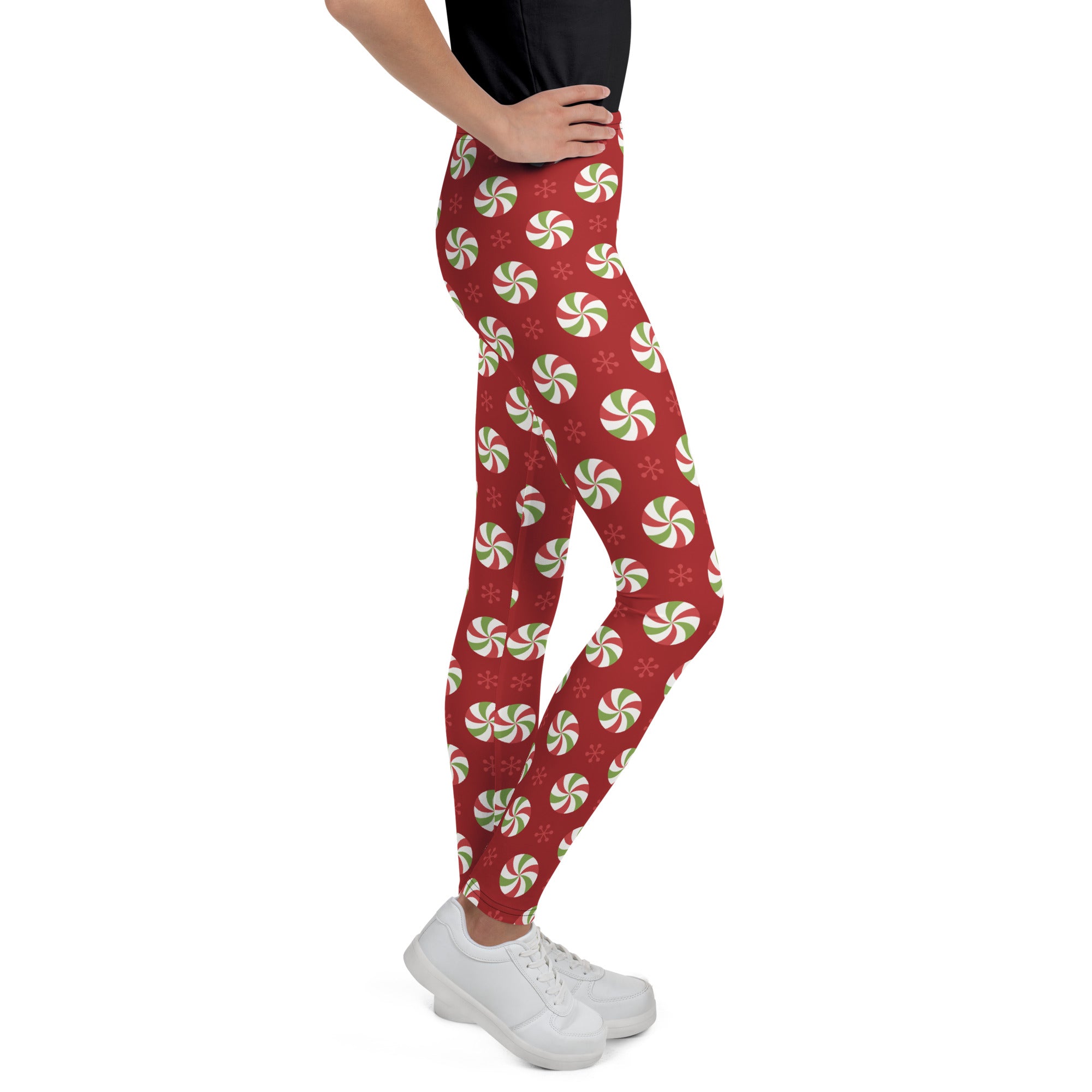 Girls custom name christmas peppermint themed buttery soft red leggings with green and white candy pattern