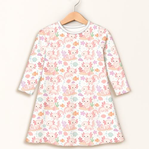 Girls axolotl long sleeve dress in white cotton with playful pink axolotl starfish and coral pattern