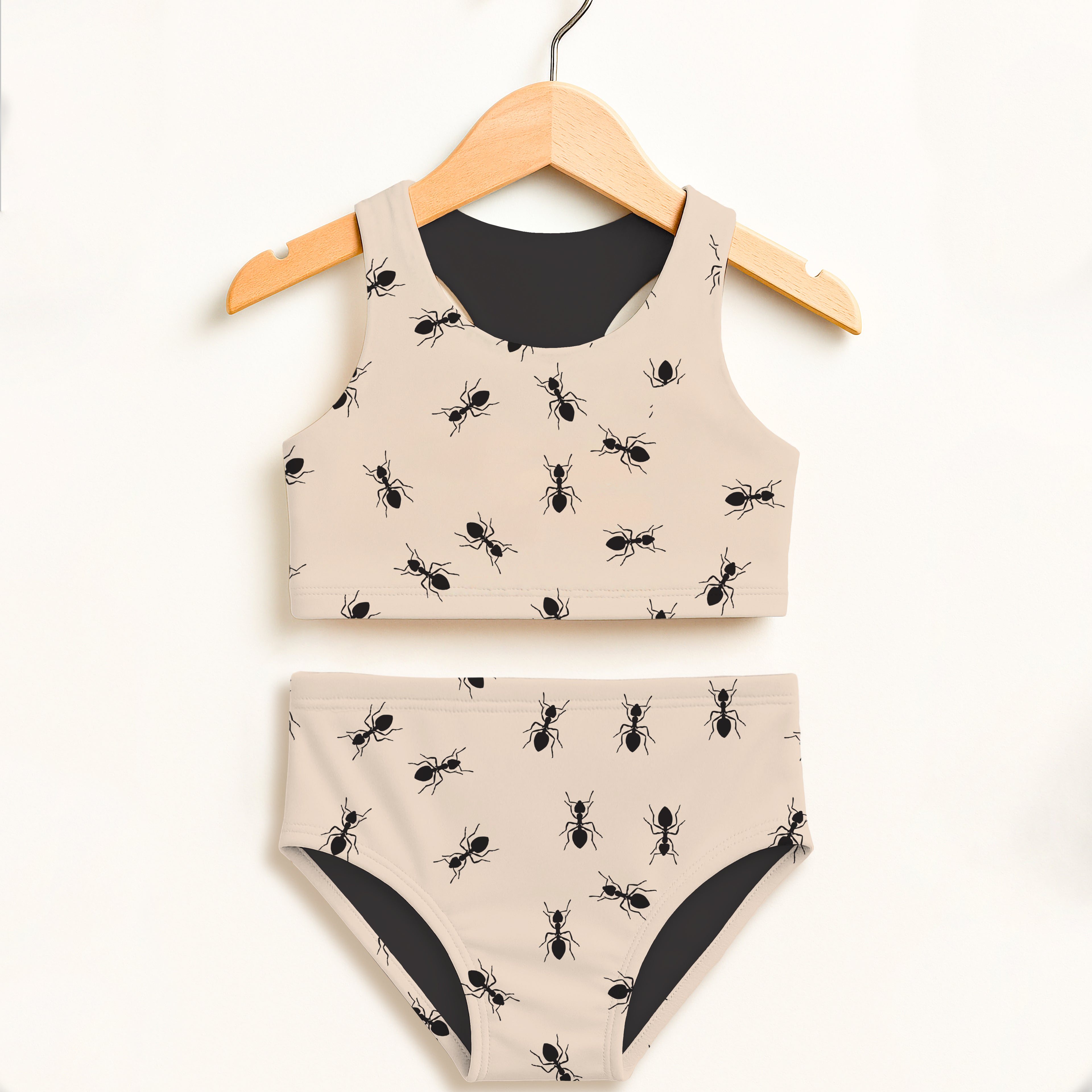 Beige girls two-piece swimsuit with black ant prints and lining double layered upf 50 plus high waisted comfort