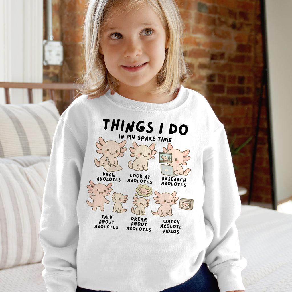 Kids white long-sleeved sweatshirt with cartoon axolotl design and text things i do in my spare time