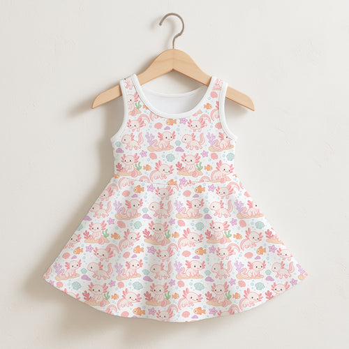 Girls axolotl sleeveless dress white cotton with flared skirt and pink axolotl sea creature pattern