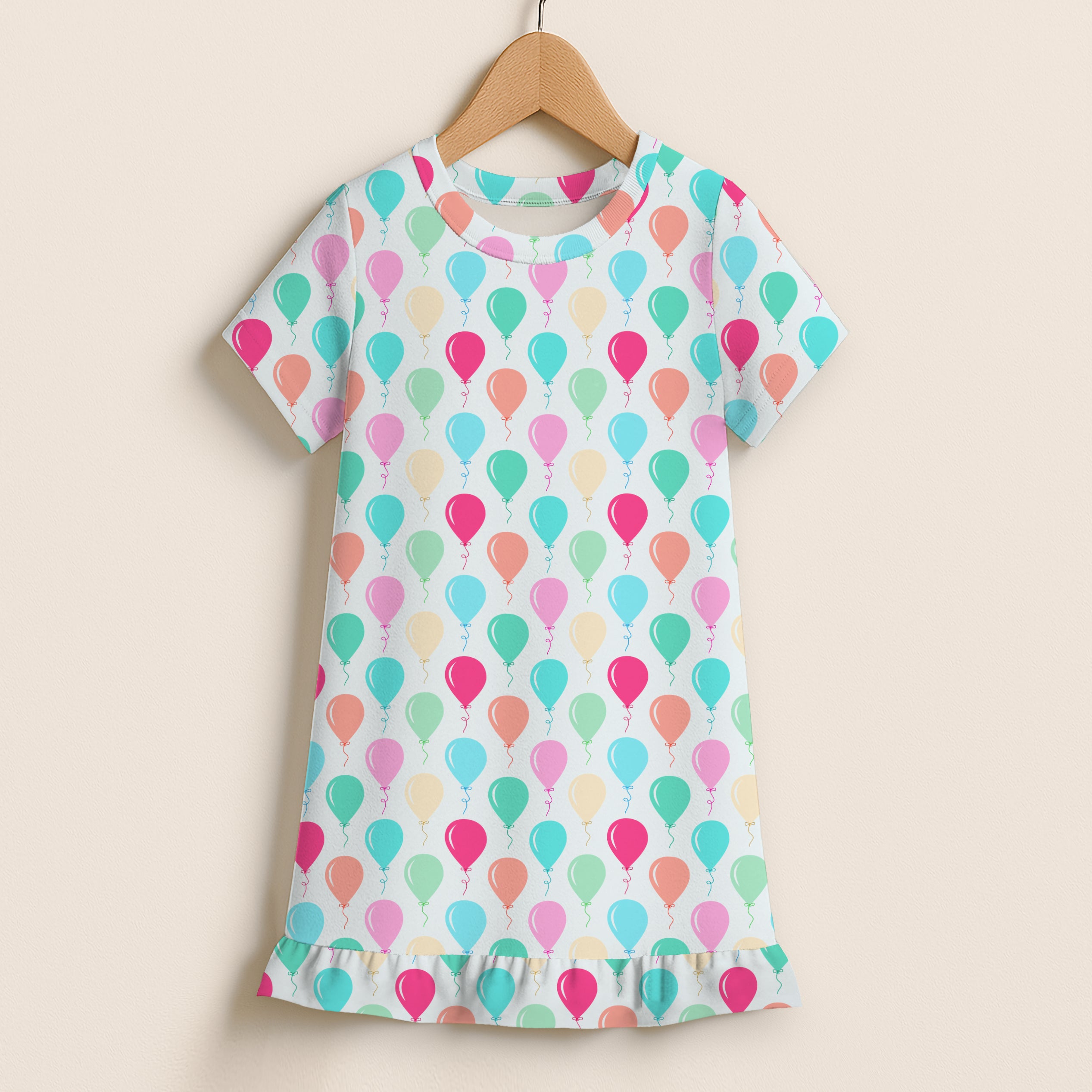 Girls Birthday Balloons Short Sleeve Ruffle Hem Dress