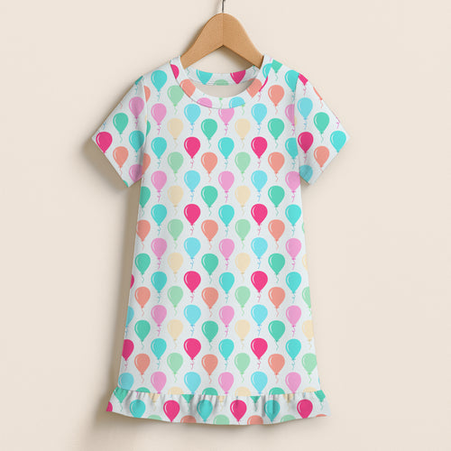 Girls birthday balloons short sleeve ruffle hem dress white nightgown with multicolored balloon pattern