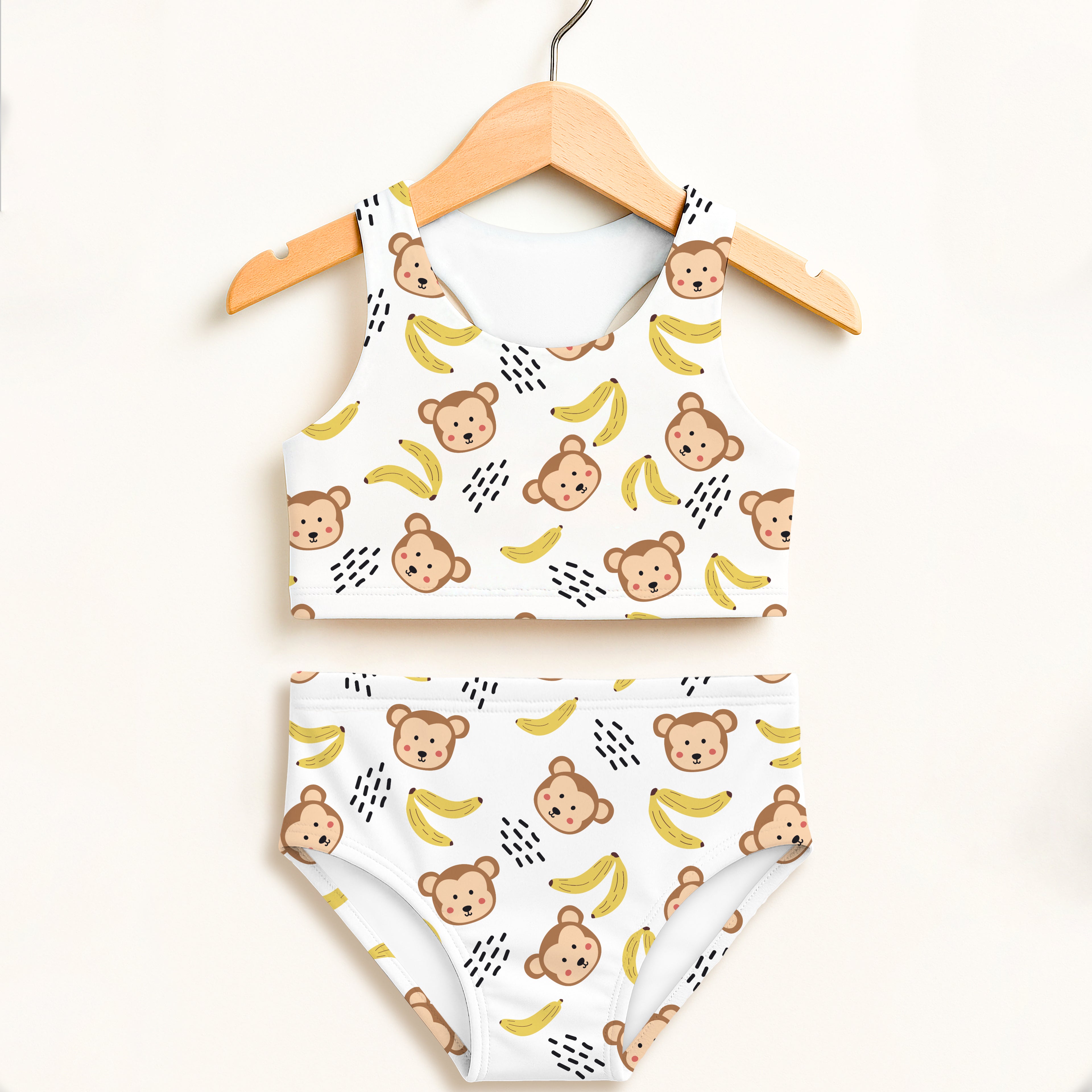 White girls monkey banana two piece swimsuit with playful cartoon pattern double layered upf 50 high waisted comfort