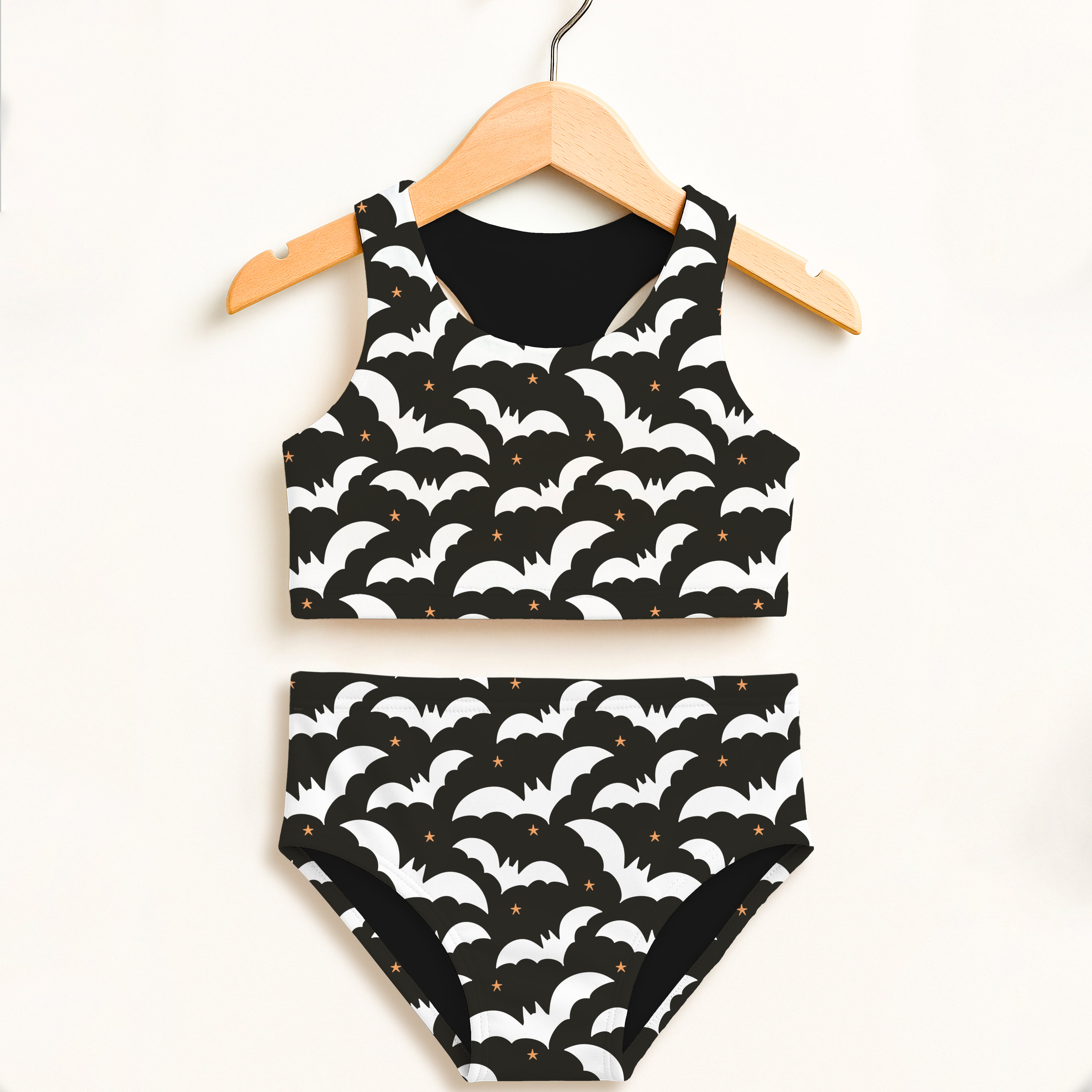 Girls Black Bat Two Piece Swimsuit – Double Layered UPF 50+ High Waisted Comfort