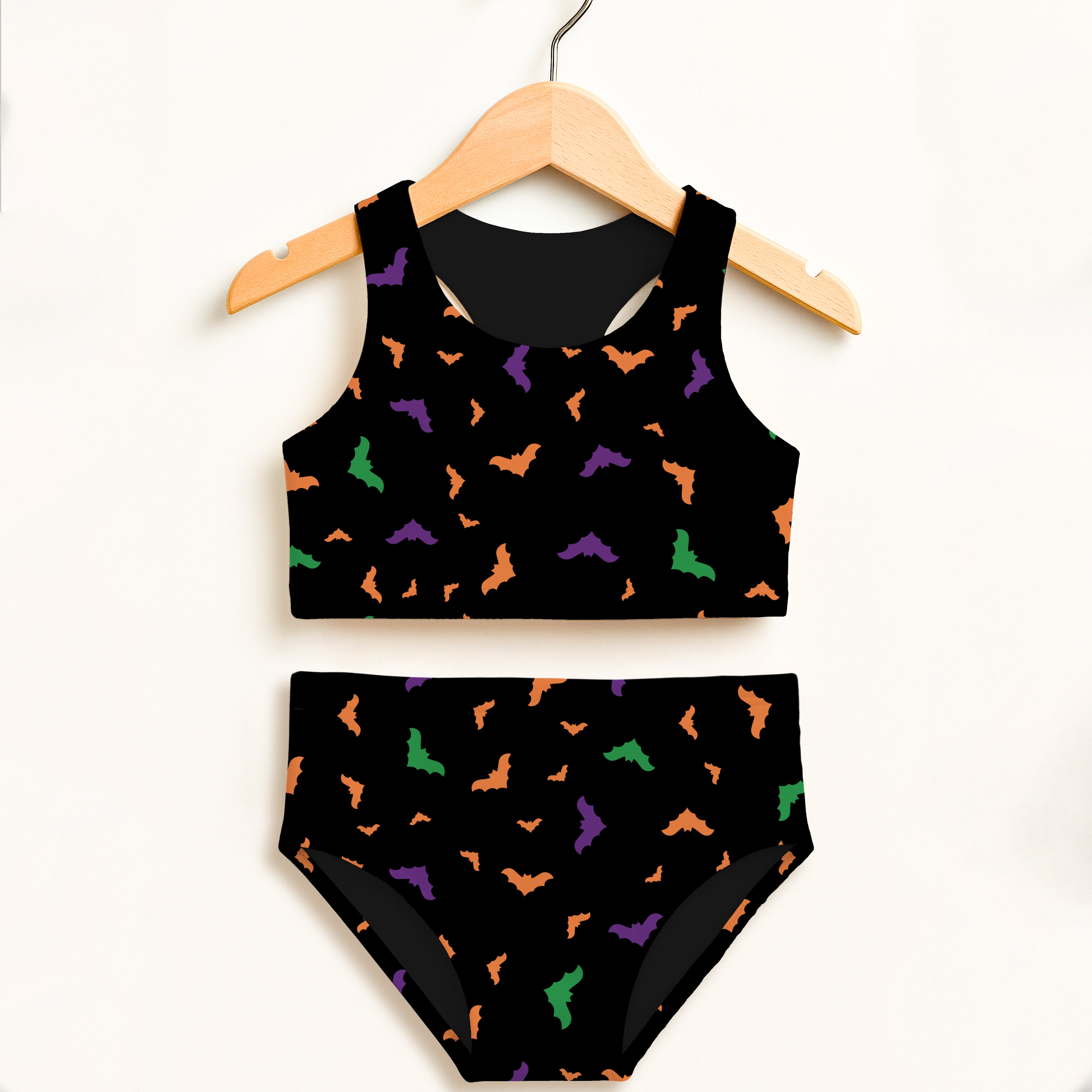 Girls Colorful Bats Halloween Two Piece Swimsuit – Double Layered UPF 50+ High Waisted Comfort