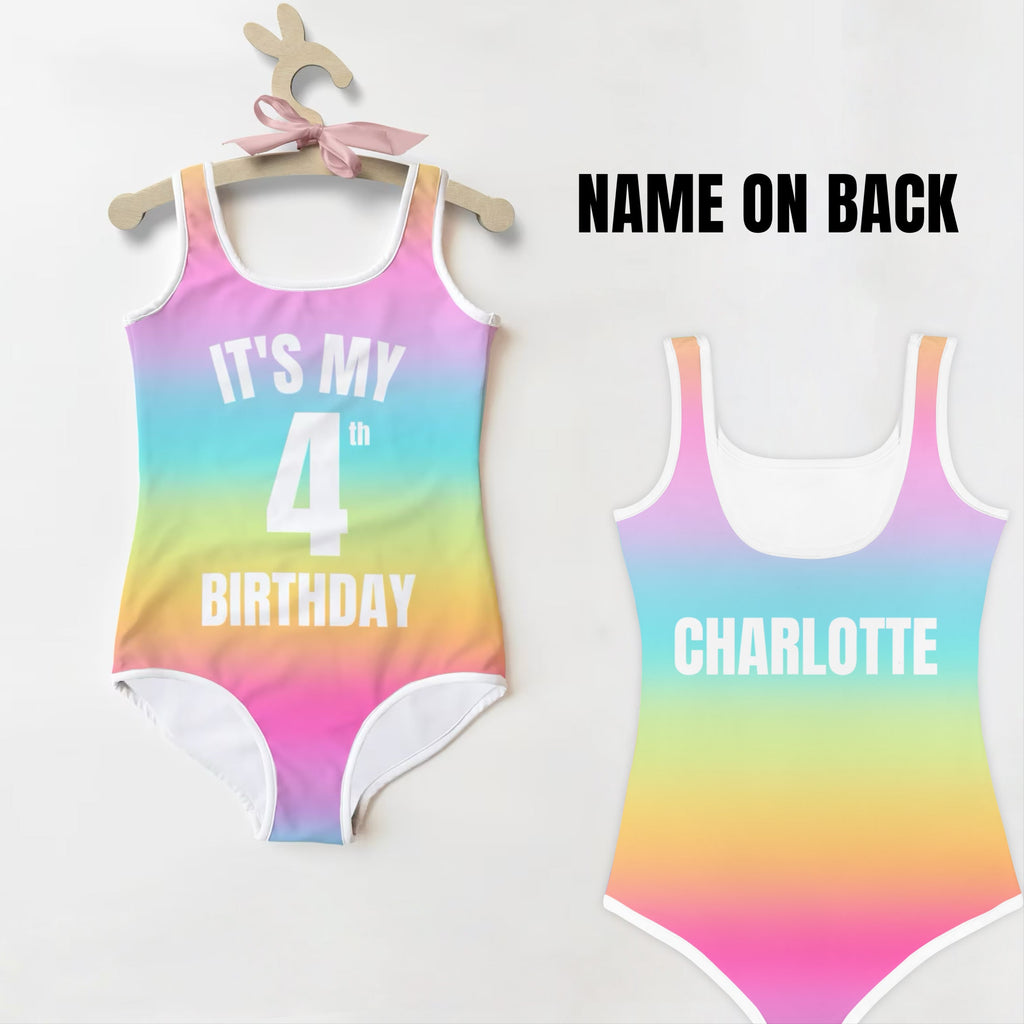 Back view of girls bright rainbow gradient one-piece swimsuit with white trim and custom age and name birthday text