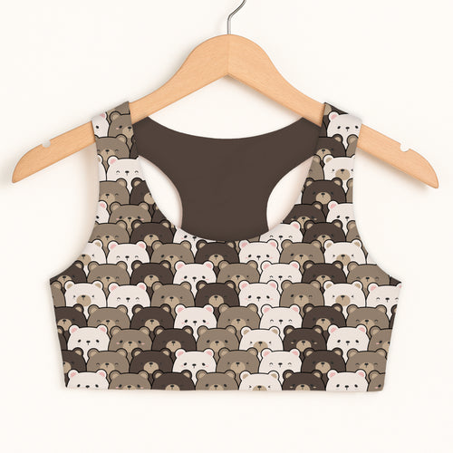 Girls bear face sports bra with double layered comfort and quick drying fabric featuring playful cartoon bears pattern