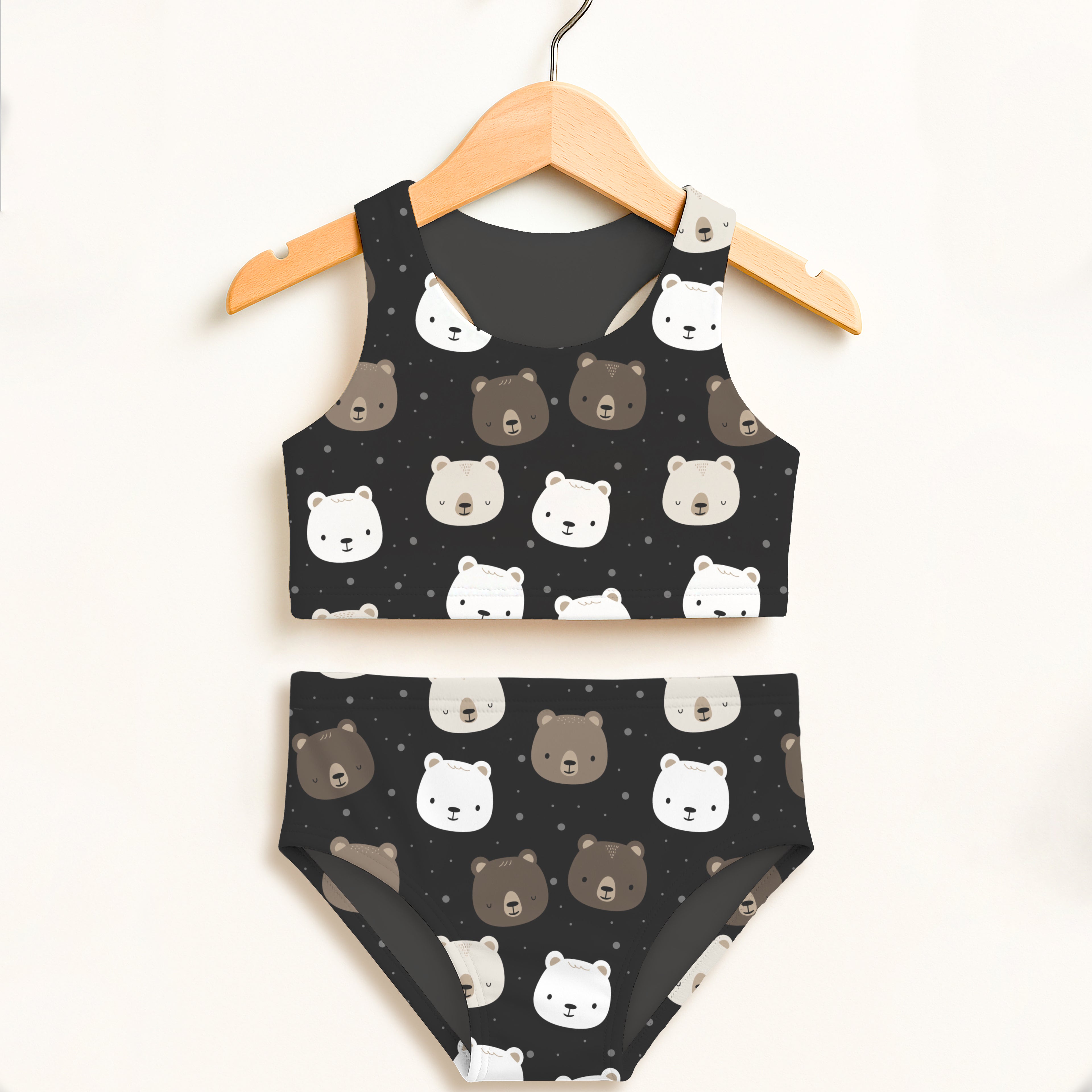 Girls black bear two piece swimsuit with white and brown cartoon bears on dark fabric double layered upf 50+ high waisted