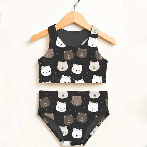 Girls black bear two piece swimsuit with white and brown cartoon bears on dark fabric double layered upf 50+ high waisted