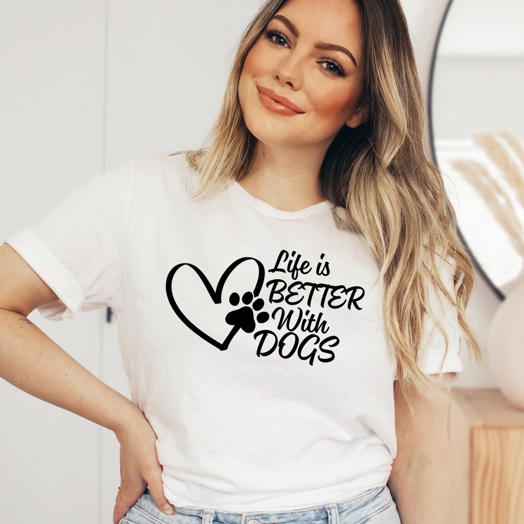 Life Is Better With Dogs Paw Print Heart T-Shirt - Soft Lightweight Cotton Pre-Shrunk Tee