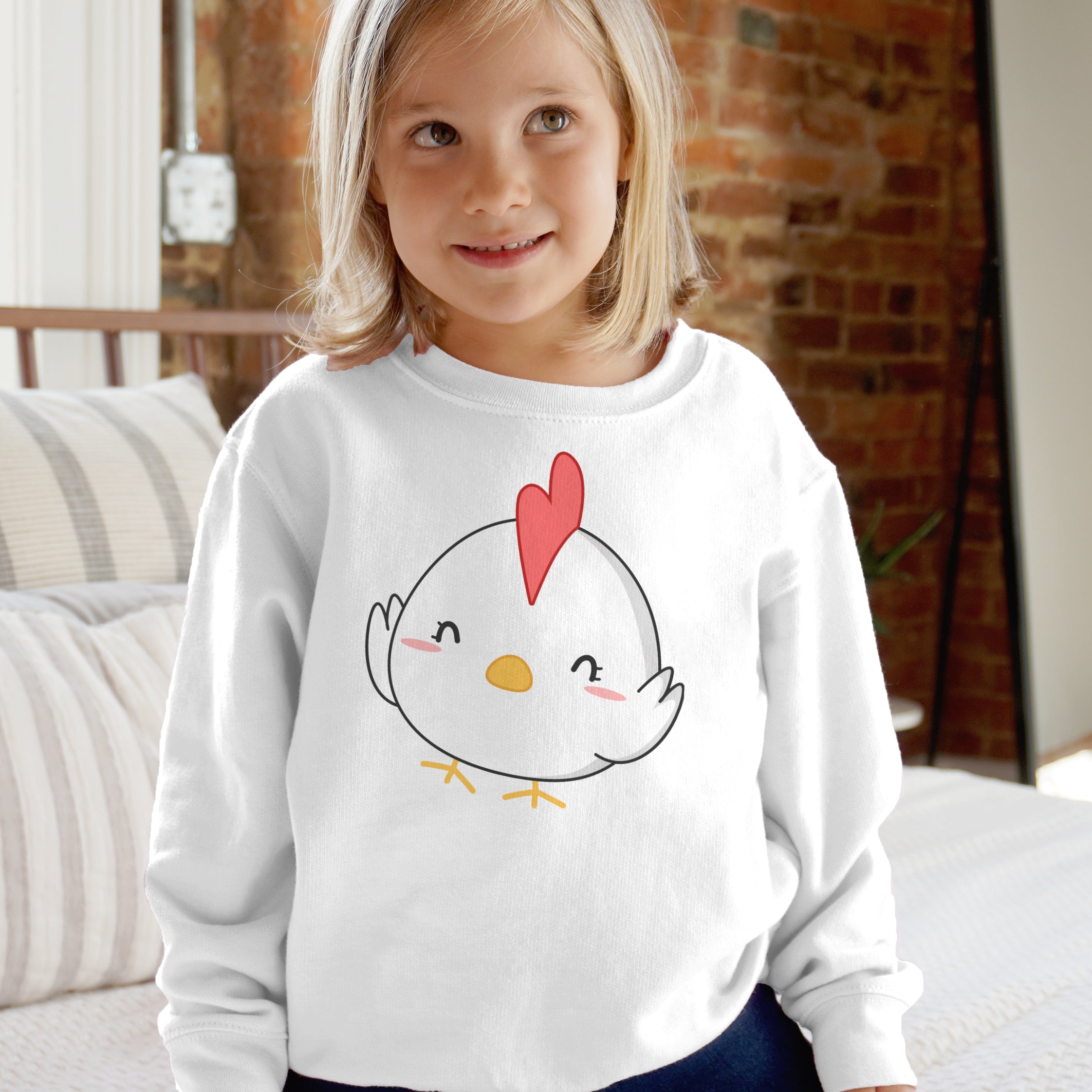 White long-sleeved sweatshirt with a cute cartoon chicken and red heart comb soft fleece pullover for kids